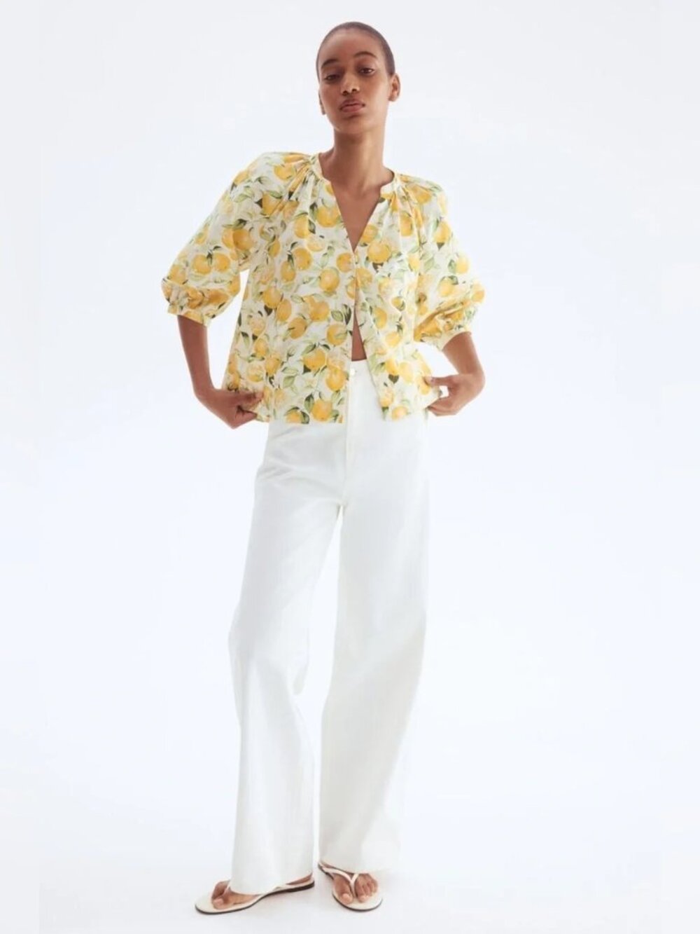 H&M Lemon Print Cotton Blouse Top Yellow White Puff Sleeve Button Front size M